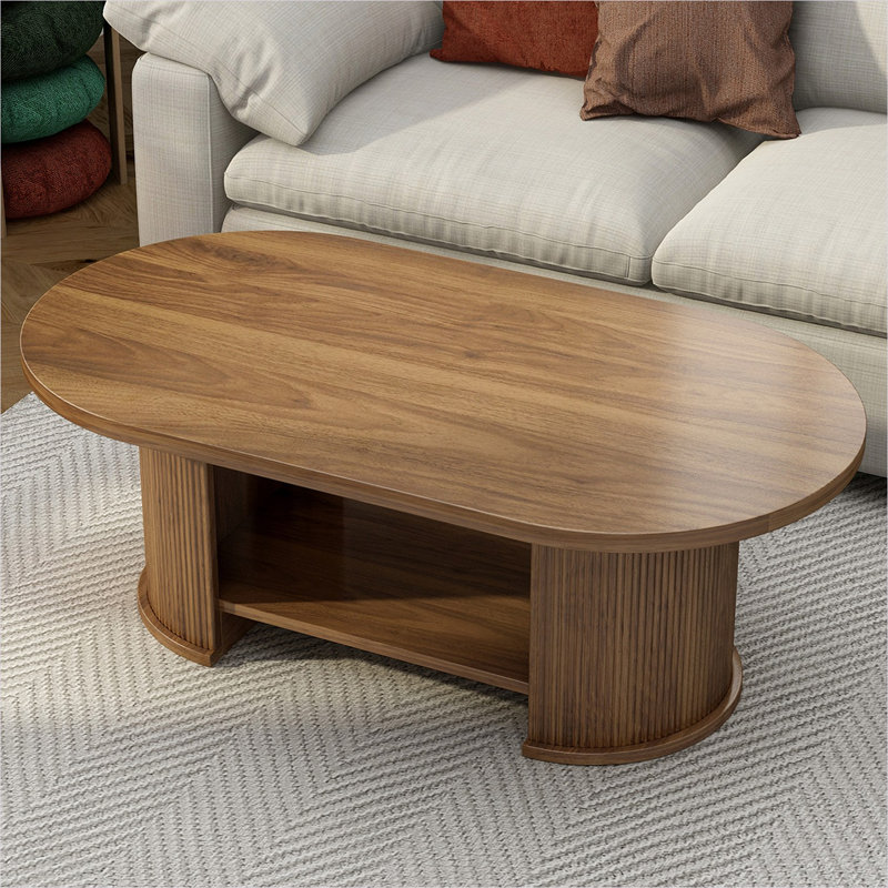 Table basse ovale de 47 pouces avec base à double piédestal cannelée et tablette de rangement, style Mid-Century moderne, finition brune