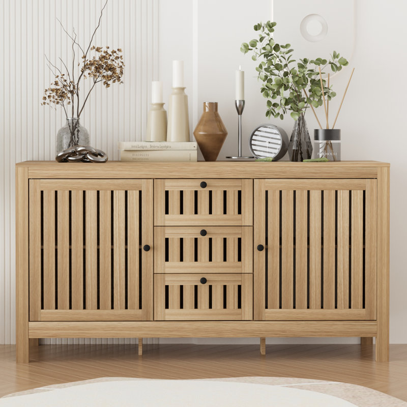 Farmhouse Wood Sideboard Buffet Storage Cabinet with Adjustable Shelf and Drawers, Natural Oak