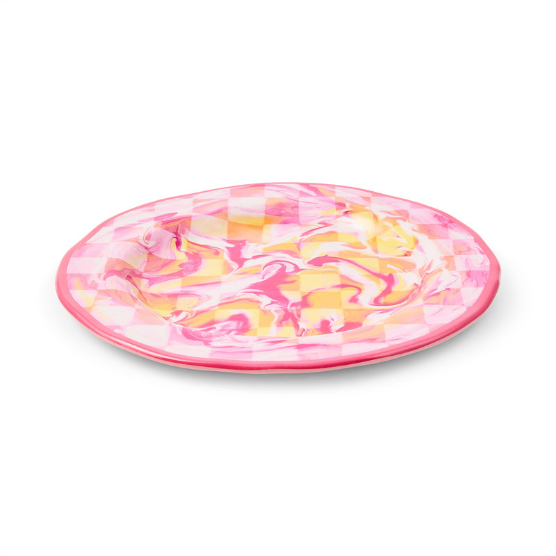 Pink Marble Check Melamine Dinner Plates, Pink