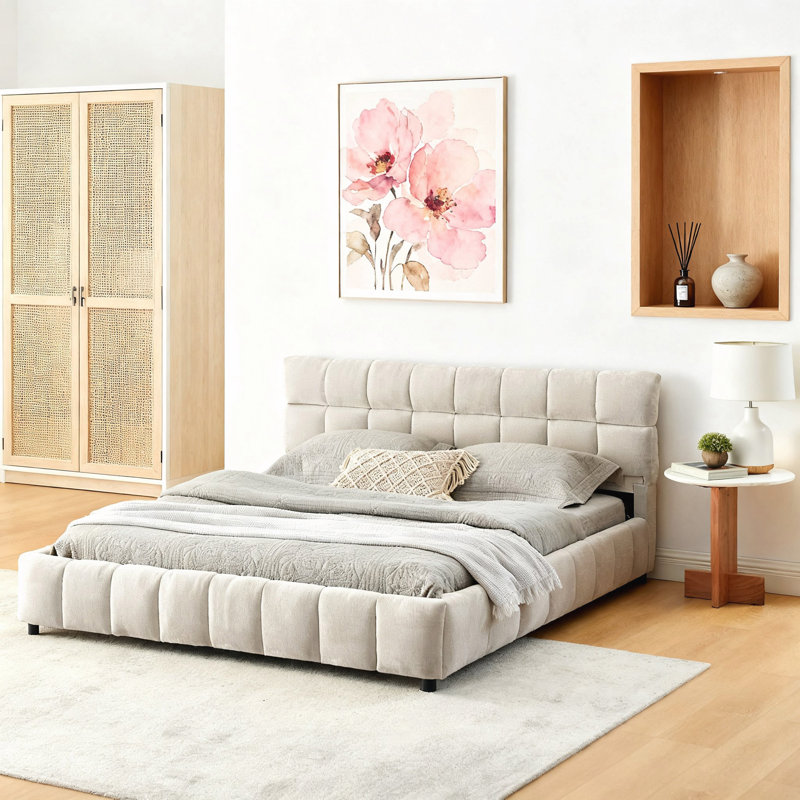 Queen Size Upholstered Bed, Beige