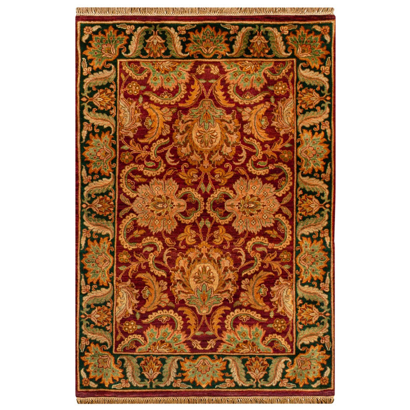 Tapis rouge et vert noué à la main de haute qualité