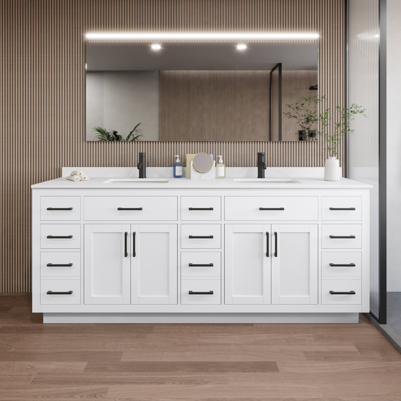 Beckett TK 84'' W Double Vanity, White Cultured Marble, Matte Black, White