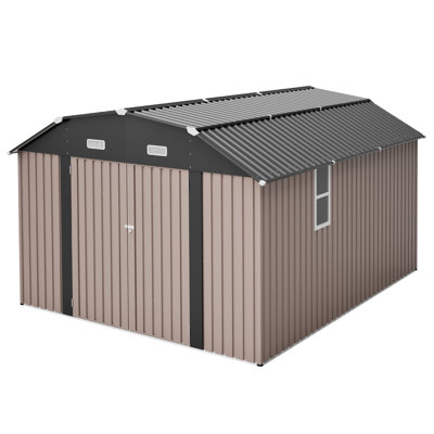 Brown Galvanized Steel 1012 Ft Outdoor Storage Shed With Floor Frame For Heavy - Duty Use, Featuring Weather Construction, Large Door Opening, Transparent Windows, Latch And Vents Efficient Heat