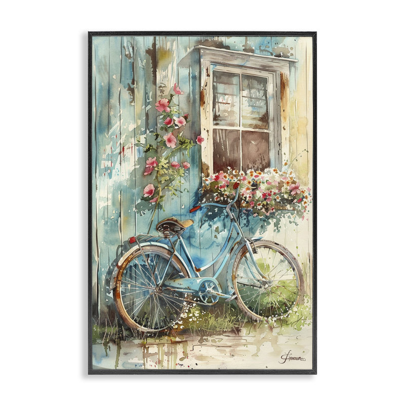 Art de la bicyclette au printemps incliné par Franklyn Gregory, H 24 po x l 16 po, Giclée encadrée noir minuit