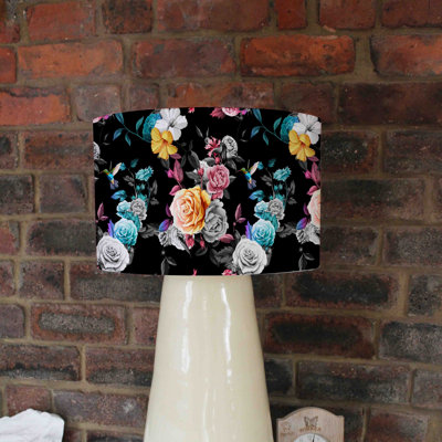 Humming Bird, Roses, Peony With Leaves 25cm H Cotton Drum Lamp Shade ( Uno )