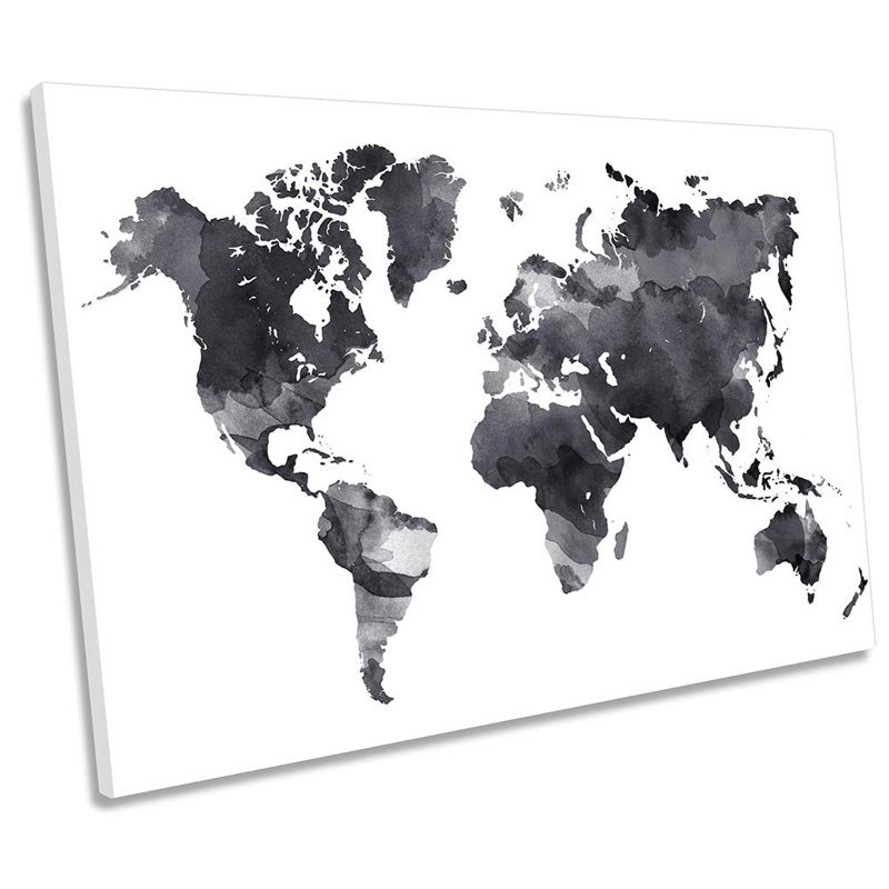 World Map Black And White - Wrapped Canvas Print, 30.5cm H x 45.7cm W x 2cm D