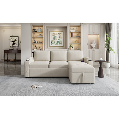 Canapé modulaire de 83,5 po avec canapé en L et canapé-lit modulaire avec grand espace de rangement, deux porte-gobelets et deux ports USB pour le salon, beige