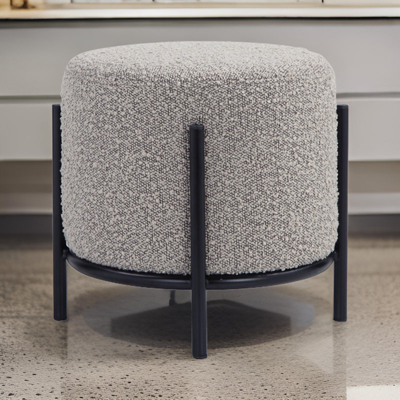 Gray Round Polyester Upholstered Iron Accent Stool