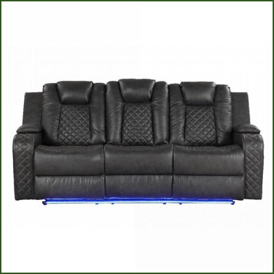 Canapé de salon inclinable électrique 3 places en similicuir galet noir avec lumières DEL et amp; Appui-tête réglable | Noir | Similicuir | Dossier rembourré