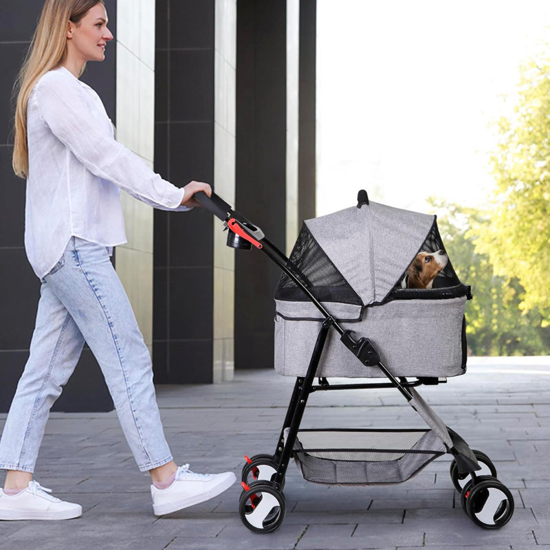Poussette pour animal de compagnie, poussette pliable pour chien avec 4 roues, panier amovible et porte-gobelet, transporteur pliant pour animal de compagnie