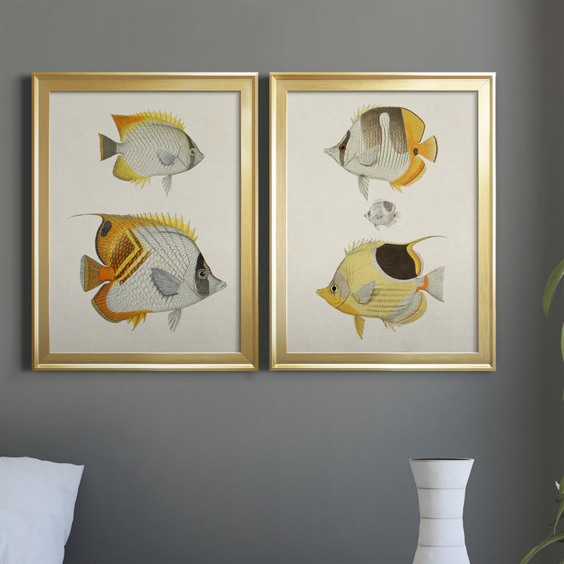 «Yellow and Gray Fish I», ensemble de 2 peintures sur toile encadrées, Or, H 42,5 po x l 30,5 po x P 1 po
