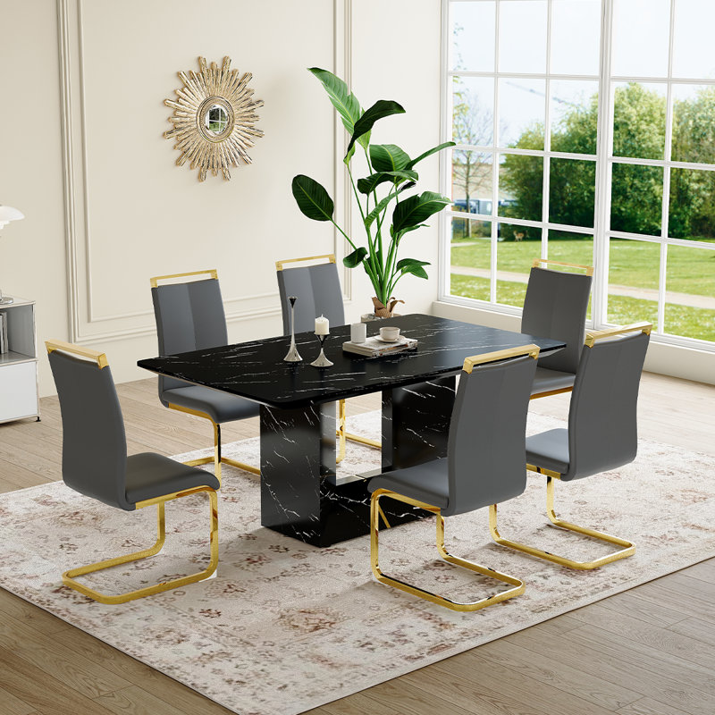 Ensemble de cuisine et salle à manger Modern, table de salle à manger en marbre avec chaises rembourrées, Noir
