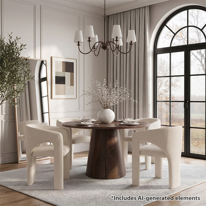 Ensemble de salle à manger rond à ovale extensible avec fauteuils demi-tonneau en chenille, Beige