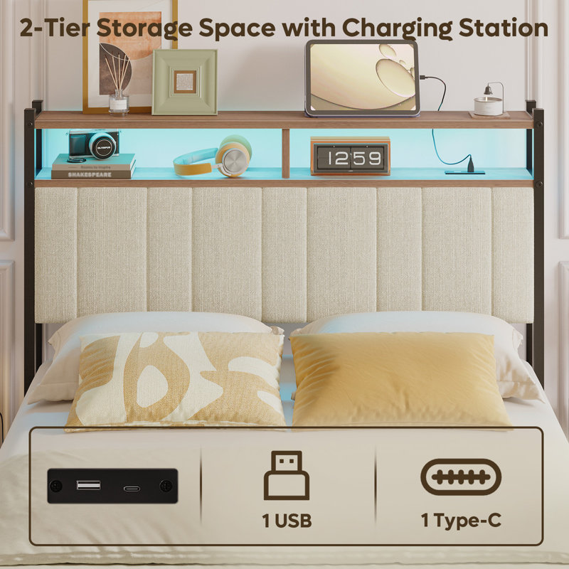 Damerius Storage Upholstered Headboard Metal Headboard With Charging Station LED Light And USB Port, Beige, Full / Double