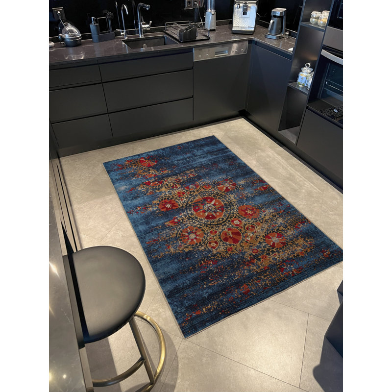 Tapis décoratif moderne à motif floral abstrait bleu, Tapis de couloir 3 pi 3,37 po x 6 pi 6,74 po