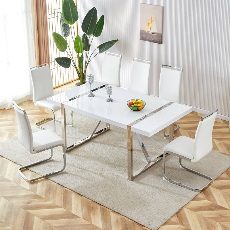 7-Piece Modern 71" White MDF Dining Set with Faux Leather Upholstered Chairs, White, 7