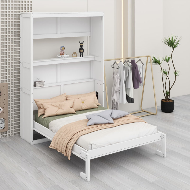 Murphy Bed Cabinet with Built-In Shelves & Hydraulic Lift, Full, White