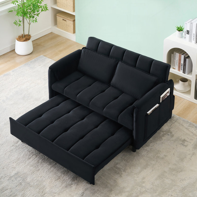 55" Two Seater Pull Out Sofa Bed, Adjustable Backrest With USB Ports, Two Side Pockets, Black Velvet