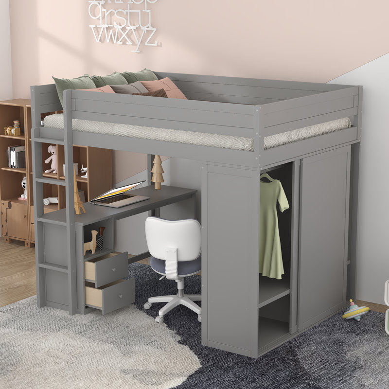 Lit mezzanine double avec tiroirs Hason Kids, gris