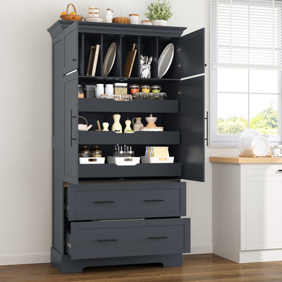 Farmhouse Freestanding 40''x18''x72.6'' Kitchen Pantry, 4 Doors Dining Storage Cabinet with Pull-out Trays, Drawers and Cake Pan Storage Organizer