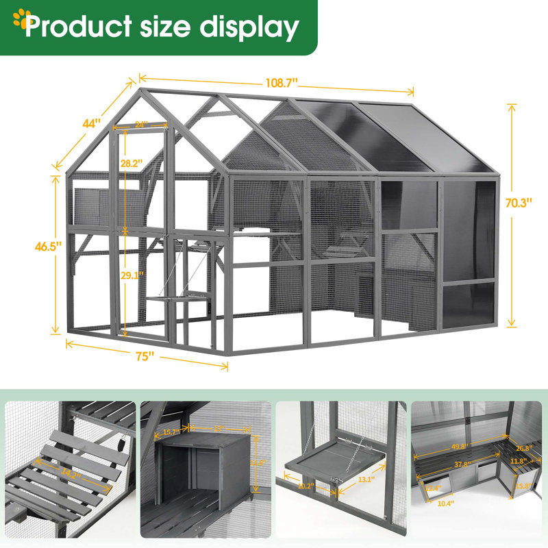 Outdoor Wooden Cat Enclosure with Multiple Play Features for Pets