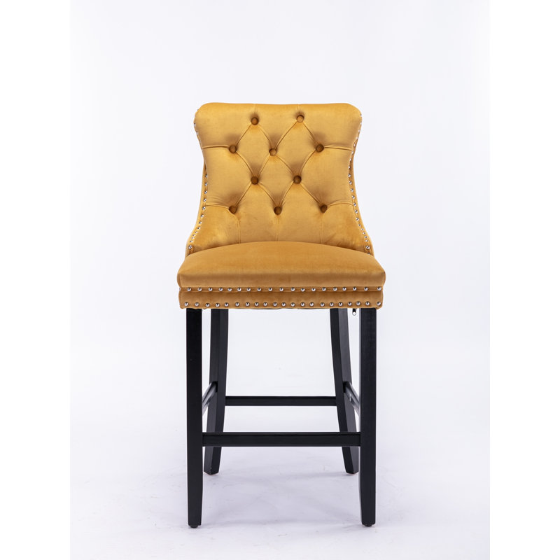 Velvet Upholstered Barstools with Button Tufted Decoration and Wooden Legs, Gold