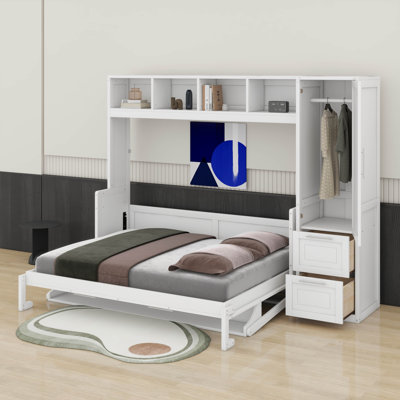 Grand lit escamotable mural avec tiroirs et garde-robe