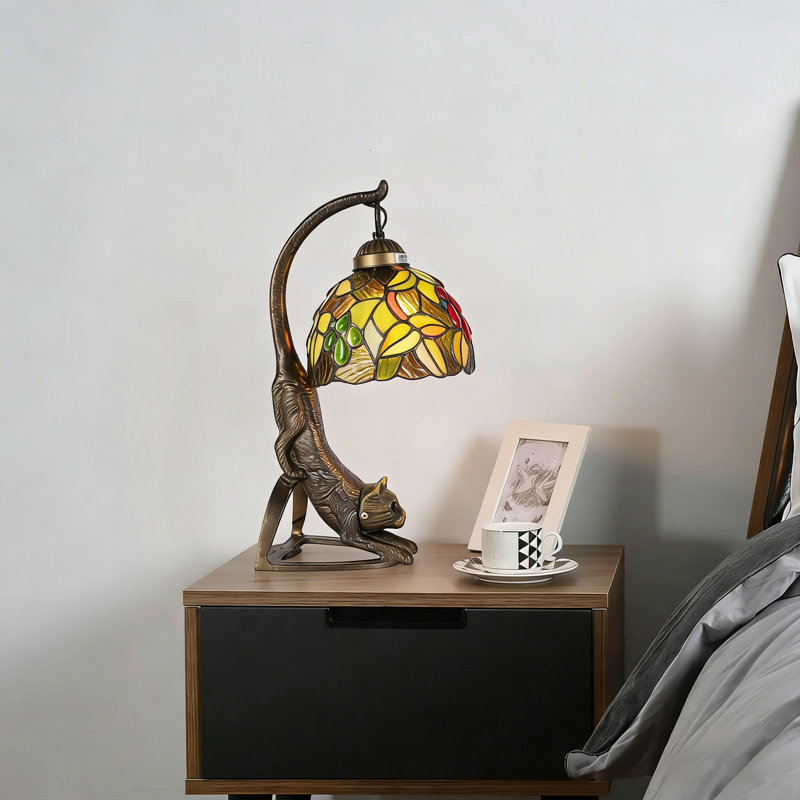 Antique Bronze Cat Table Lamp With Colorful Glass Shade