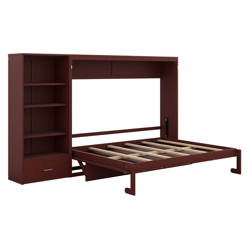 Grand lit escamotable avec rangement réglable, cadre de lit mural avec 4 compartiments, 1 grand tiroir, lit plateforme pliable