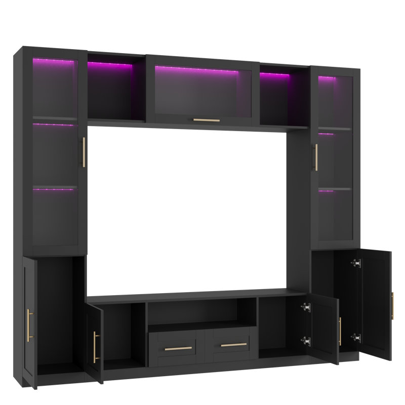 Meuble télé 4 pièces avec lumières à DEL pour téléviseur de 70 po ou moins, grand meuble audio-vidéo avec tablettes, Noir
