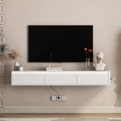 Meuble télé flottant, meuble télé mural avec lumières DEL et prise de courant, meuble télé ultrabrillant pour meuble télé blanc pour le salon