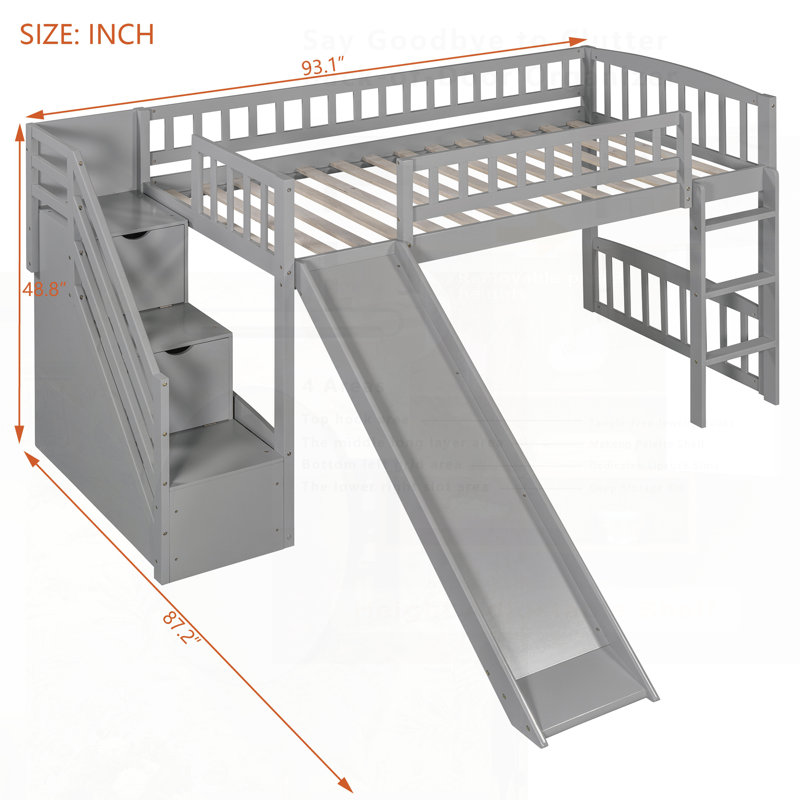 Lit mezzanine avec deux tiroirs et glissière, parfait pour économiser de l'espace et s'amuser dans les chambres d'enfants