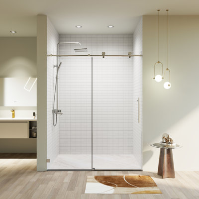 Portes de douche coulissantes simples sans cadre à fermeture en douceur de l 56 à 60 po x H 74 po, porte de douche coulissante pour salle de bain, porte en verre trempé épais de 5/16 po (8 mm), CCG, nickel brossé