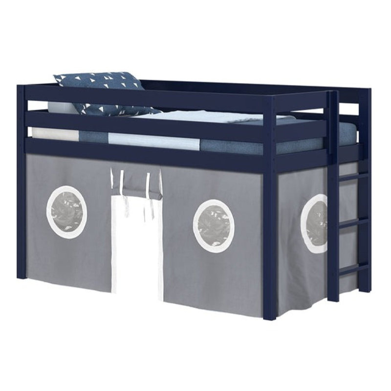 Johannes Solid Wood Twin Low Loft Bed with Ladder and Tent, Blue/Gray