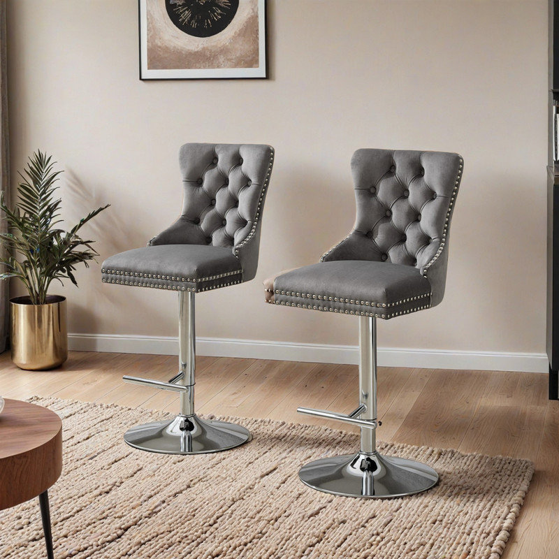 Chrome Swivel Bar Stools With Velvet Upholstery – Adjustable Height (25"-33"), Gray
