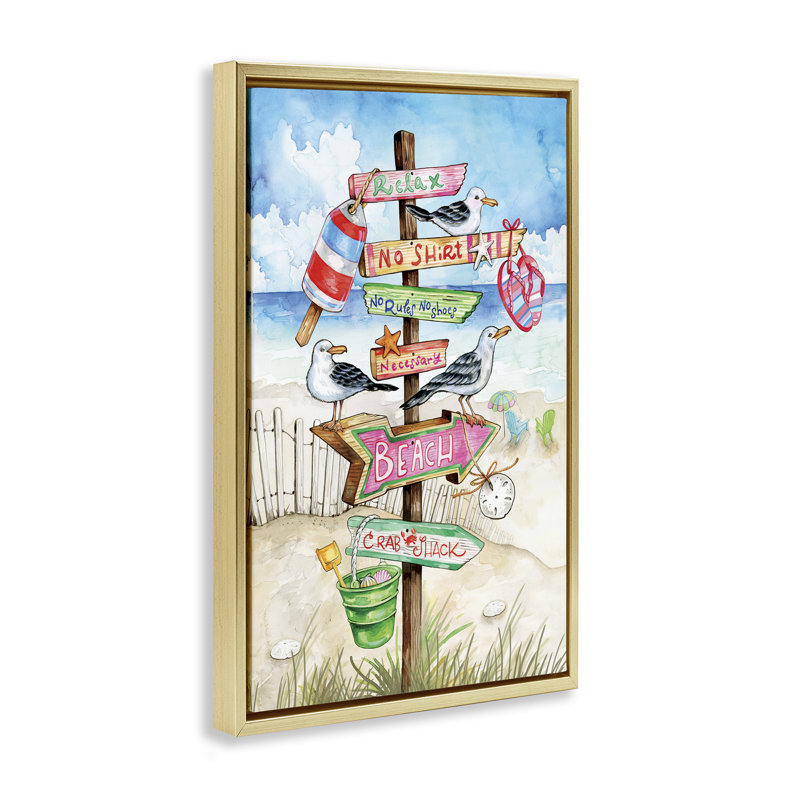 «Seaside Rules Signs», toile flottante encadrée par Ronnie Rooney, H 25 po x l 17 po, Cadre flottant métallique doré