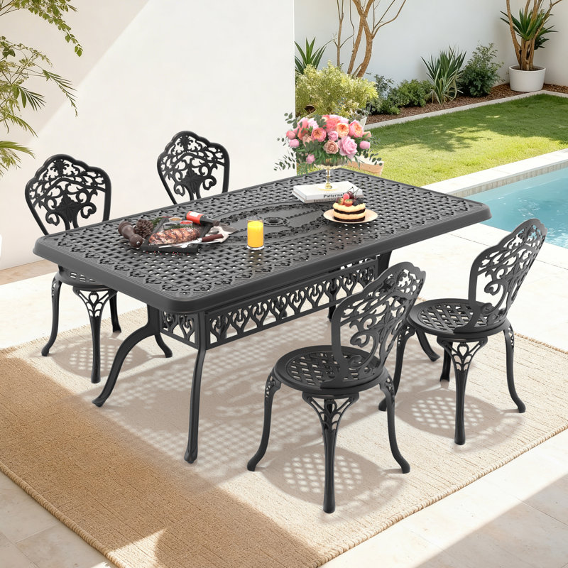 5-Piece Outdoor Dining Set, 66.93" L Rectangular Table with Umbrella Hole & 4 Chairs with 15.35" Seat Width, 4