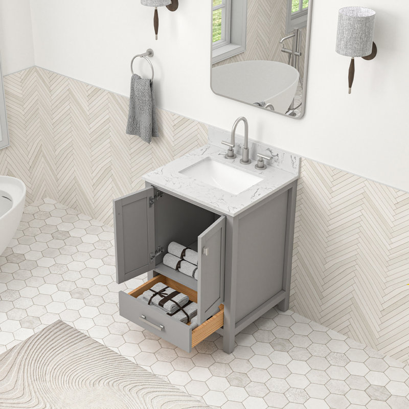 Meuble-lavabo autoportant de 24 po avec comptoir en marbre, Gris, Nickel brossé