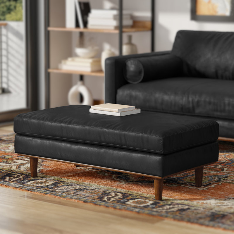 Morrison 49"W Large Upholstered Ottoman with Solid Wood Legs, Black