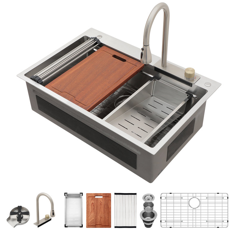 33" L x 22" W Drop-in Workstation Waterfall Kitchen Sink 16 Gauge Stainless Steel Sink, Brushed Nickel
