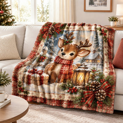 Cozy Christmas Reindeer Fleece Blanket, Festive Winter Scene Plush Throw for Sofa Couch Bedroom Living Room Home Decoration Holiday Gift