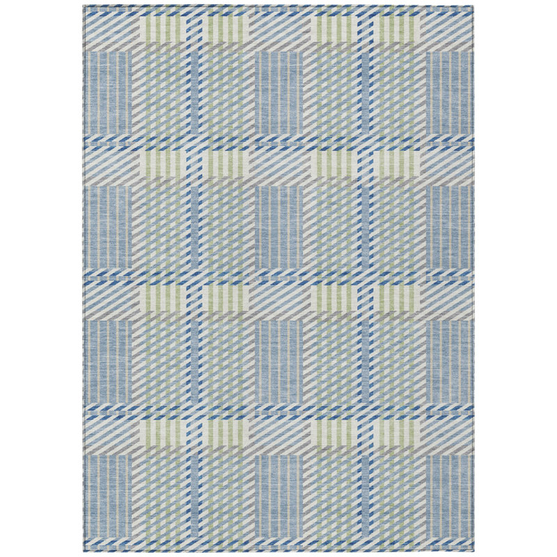 Tapis extérieur lavable à carreaux bleu vert et ivoire 5 pi x 8 pi