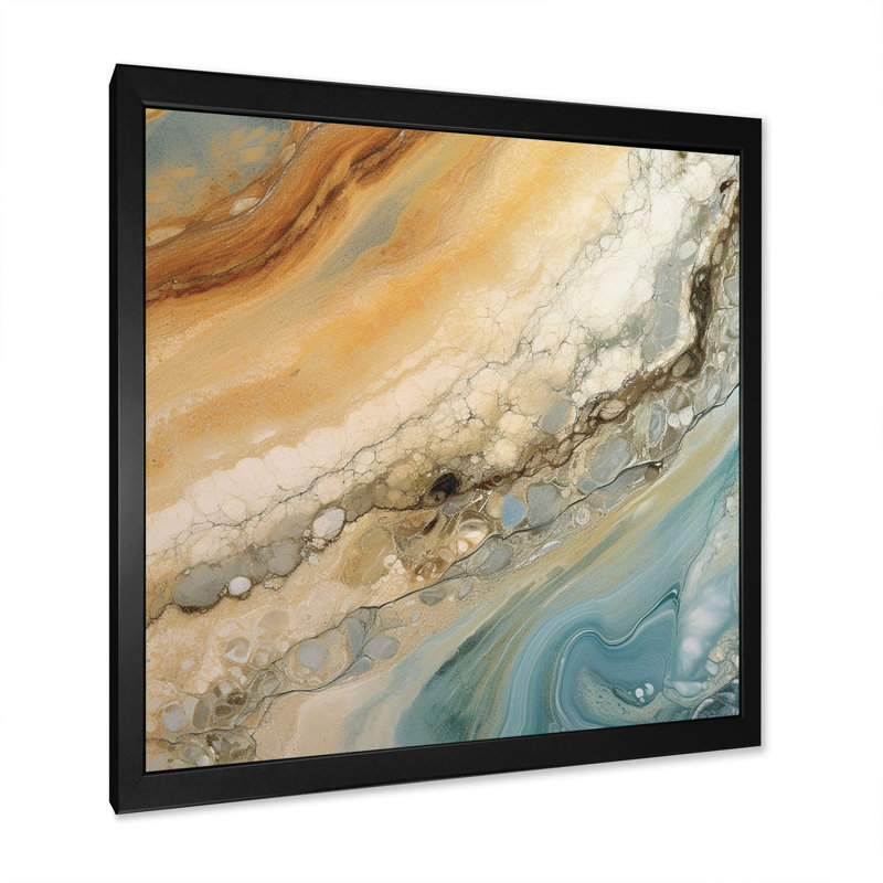 Beige bleu turquoise Symphony - impressions sur toile abstraites, H 16 po x l 16 po x P 1 po, Cadre simple noir