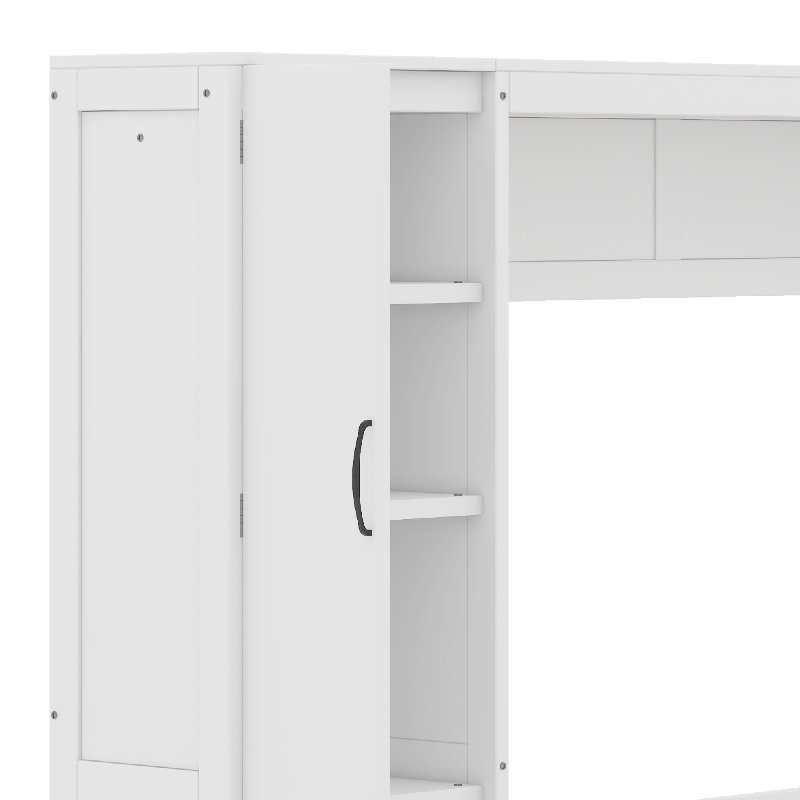 Gulshara Murphy Bed Wall Bed With Shelves, Wardrobe And LED Lights, White, Queen