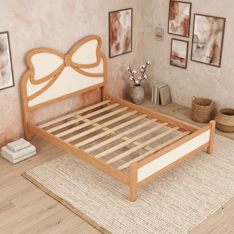 Lit plateforme en bois avec tête de lit courbée et sommier à lattes, Lit double, Naturel beige