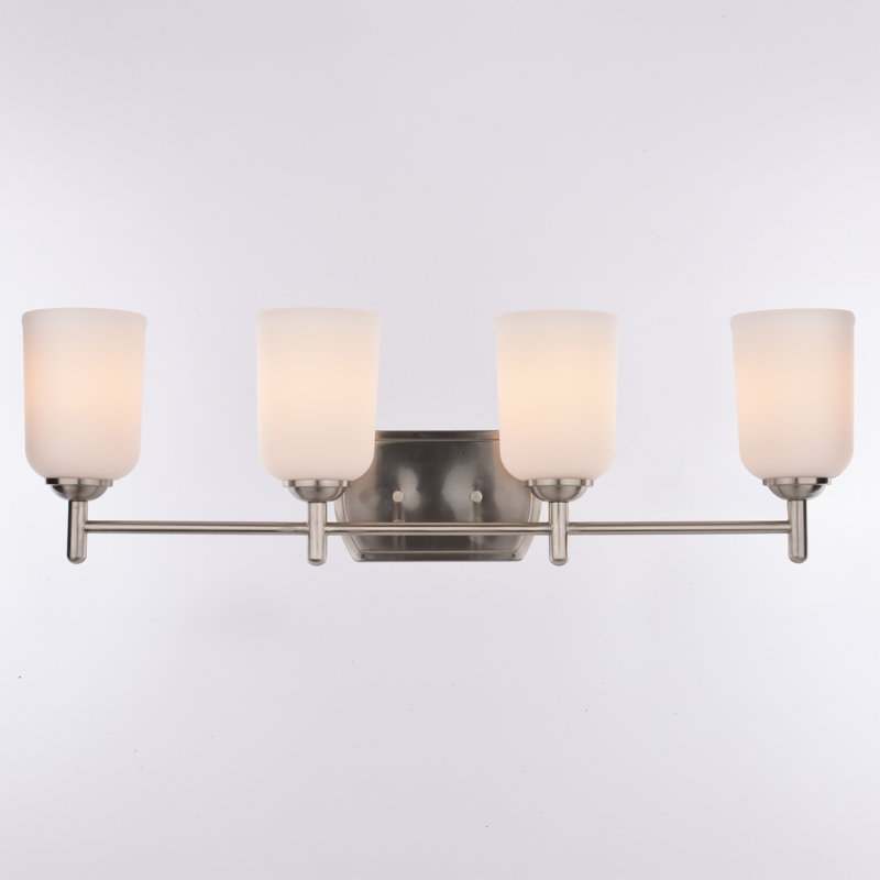 Éclairage pour salle de bain en nickel satiné à 4 lumières Laurelhurst, 29,25 po de largeur, verre blanc givré, acier, à intensité variable, compatible DEL, fixation réversible