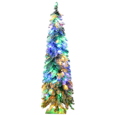 4Ft Tall Prelit Pencil Artificial Christmas Tree Holiday Décor With 225 Snow Flocked Branches, 100 Warm White Or Colorful LED Lights, Downswept Shape