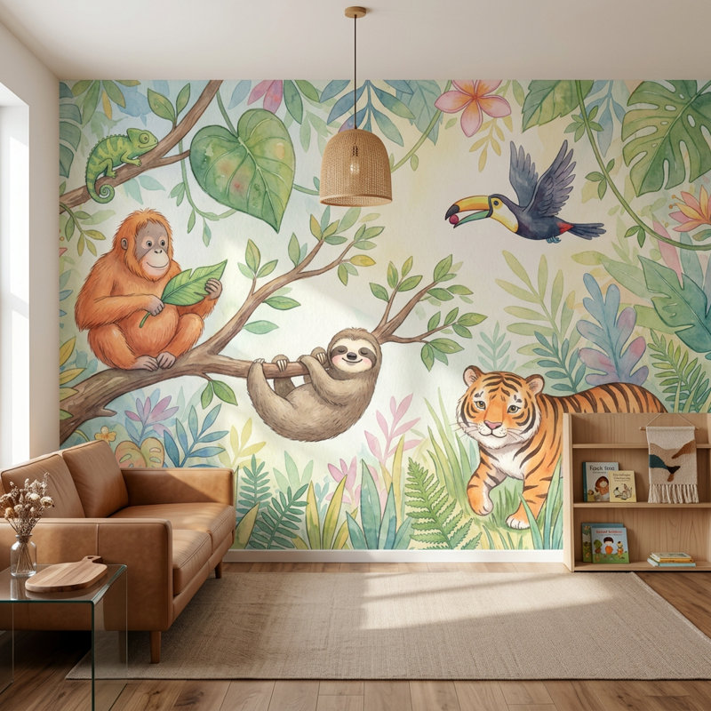 Papier peint jungle tropicale, animaux mignons, aquarelle, 120 po x 96 po, Non tissé