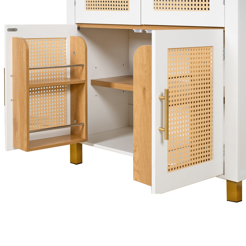Armoire de rangement en rotin de 71 po de hauteur avec portes arquées et tablettes réglables, White