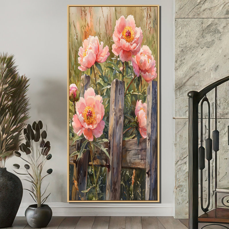 Peonies At The Farm Gate I - Peonies Wall Decor, 60" H x 28" W, Floater Framed Print, Cream